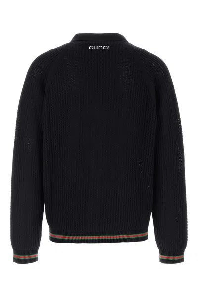 Gucci Crochet Cardigan With V Neck And Striped Hem In Black
