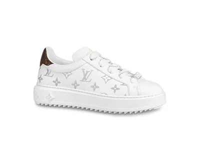 Pre-owned Louis Vuitton Time Out Debossed Monogram Leather (women's) Sneakers In White/silver