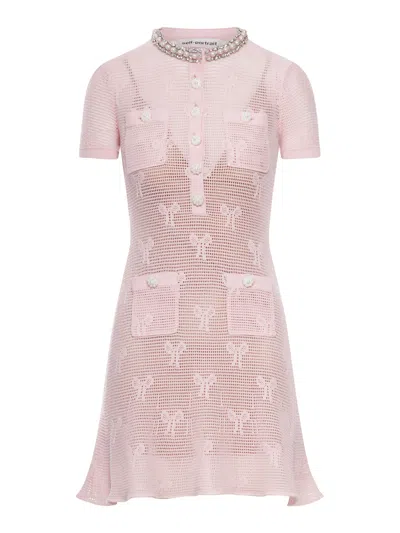 Self-portrait Self Portrait Pink Crochet Bow Mini Dress With Crystal Trim