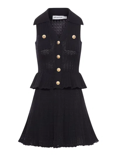 Self-portrait Self Portrait Short Dress In Openwork Knit With Jewel Buttons In Black