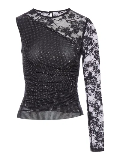 Self-portrait Top With Rhinestone And Lace Sleeves In Black