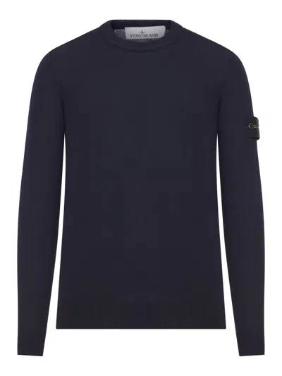 Stone Island Wool Round Neck Sweater In Blue