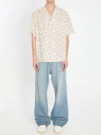 Valentino Cotton Poplin Bowling Shirt With Cherryfic Print In Neutral
