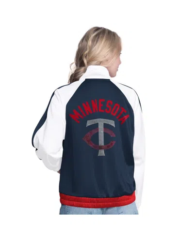 G-iii Sports By Carl Banks Women's White/navy Minnesota Twins Rally Rhinestone Raglan Full-zip Track Jacket