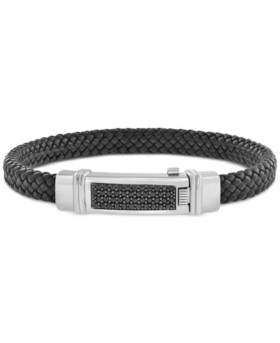 Effy Collection Effy Men's Black Spinel Pave Woven Black Leather Bracelet (3/4 Ct. T.w.) In Sterling Silver