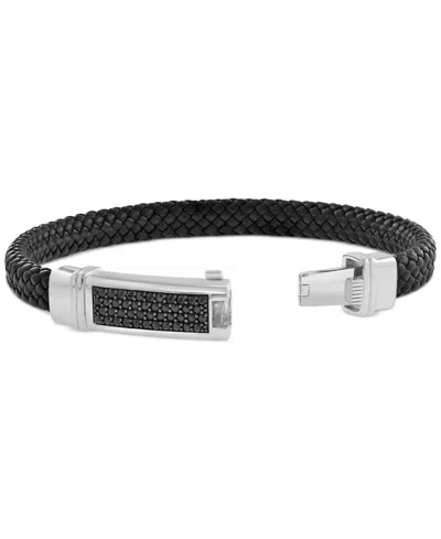 Effy Collection Effy Men's Black Spinel Pave Woven Black Leather Bracelet (3/4 Ct. T.w.) In Sterling Silver
