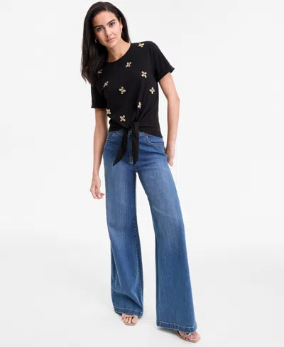 Inc International Concepts Women's Embellished Cotton Tie-front T-shirt, Exclusively At Macy's In Black