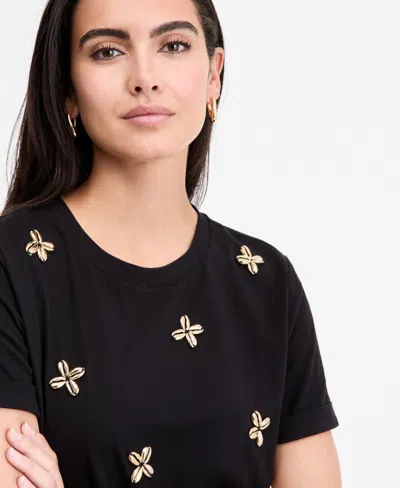 Inc International Concepts Women's Embellished Cotton Tie-front T-shirt, Exclusively At Macy's In Black