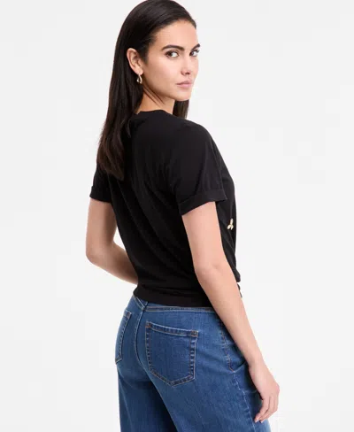 Inc International Concepts Women's Embellished Cotton Tie-front T-shirt, Exclusively At Macy's In Black