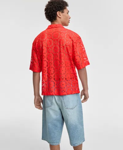 Mode Of One Men's Relaxed-fit Textured Geometric Lace Button-down Camp Shirt, Exclusively At Macy's