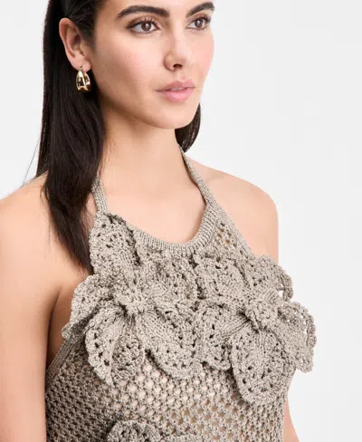 Inc International Concepts Women's Floral-applique Metallic-knit Halter Top, Exclusively At Macy's