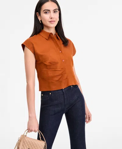 Inc International Concepts Women's Linen-blend Wrap Blouse, Exclusively At Macy's In Brown
