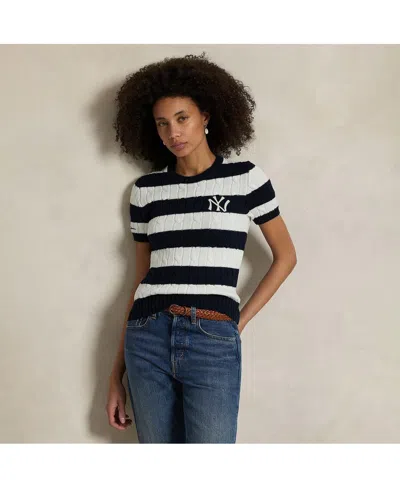Polo Ralph Lauren Navy/white Yankees  Short Sleeve Cable Knit Sweater In Multi