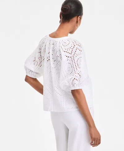 Inc International Concepts Women's Cotton Eyelet Puff-sleeve Blouse, Exclusively At Macy's In White