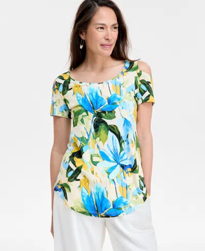 Jm Collection Women's Printed Short-sleeve Cold-shoulder Top, Created For Macy's In Multi