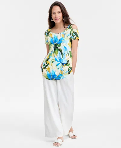 Jm Collection Women's Printed Short-sleeve Cold-shoulder Top, Created For Macy's In Multi