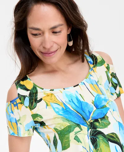 Jm Collection Women's Printed Short-sleeve Cold-shoulder Top, Created For Macy's In Multi