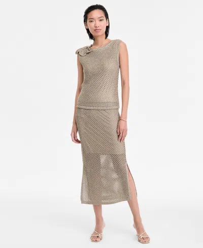 Inc International Concepts Women's Metallic-knit Floral-applique Top, Exclusively At Macy's In Gray