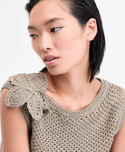 Inc International Concepts Women's Metallic-knit Floral-applique Top, Exclusively At Macy's In Gray