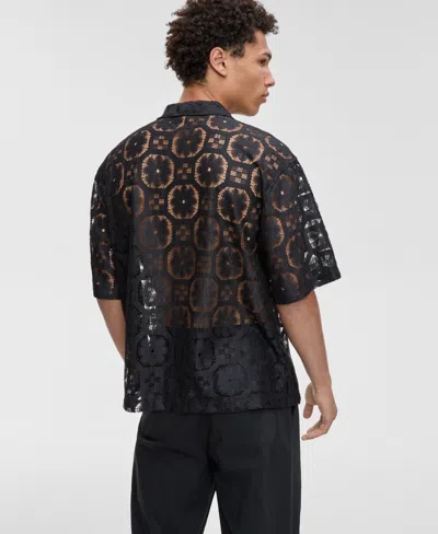 Mode Of One Men's Relaxed-fit Textured Geometric Lace Button-down Camp Shirt, Exclusively At Macy's
