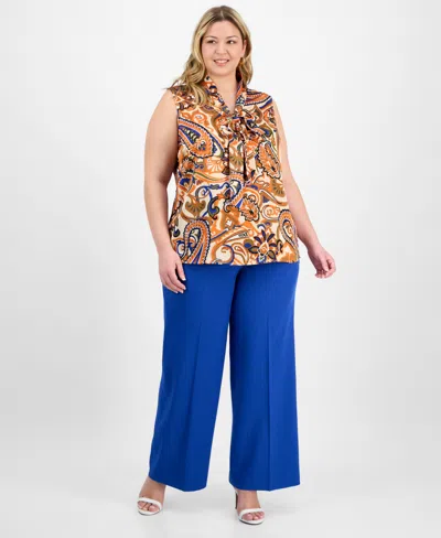 Tahari Asl Plus Size Paisley-print Tie-neck Blouse