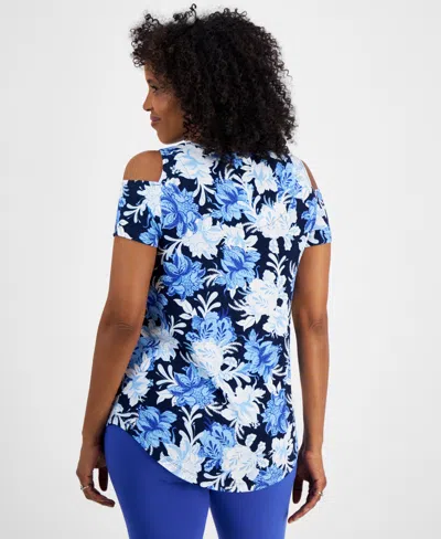 Jm Collection Women's Printed Short-sleeve Cold-shoulder Top, Created For Macy's In Blue
