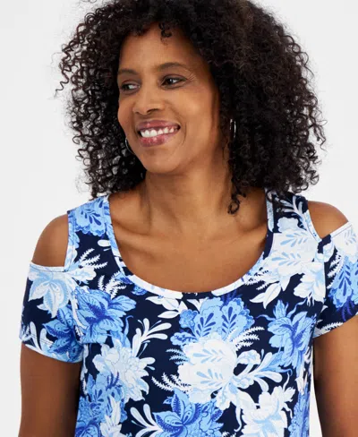 Jm Collection Women's Printed Short-sleeve Cold-shoulder Top, Created For Macy's In Blue