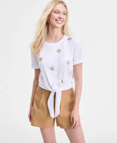 Inc International Concepts Women's Embellished Cotton Tie-front T-shirt, Exclusively At Macy's In White