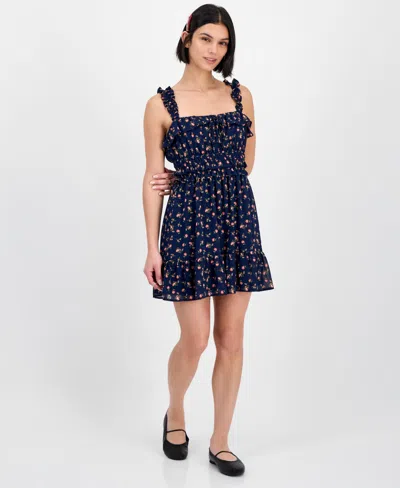 Kingston Grey Juniors' Square-neck Ruffle-strap Mini Dress