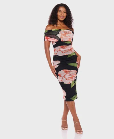 B Darlin Juniors' Printed Mesh Off-the-shoulder Midi Dress In Black
