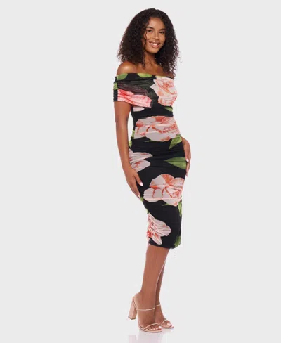 B Darlin Juniors' Printed Mesh Off-the-shoulder Midi Dress In Black