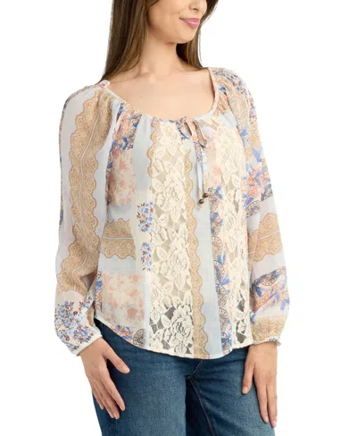 Bcx Juniors' Printed Lace-inset Scoop-neck Top