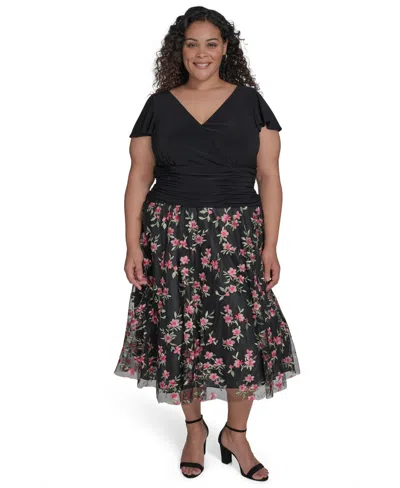 Jessica Howard Plus Size Mixed-media Mesh-skirt Fit & Flare Dress