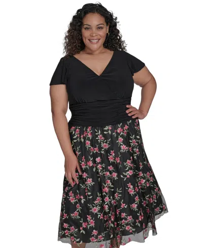 Jessica Howard Plus Size Mixed-media Mesh-skirt Fit & Flare Dress