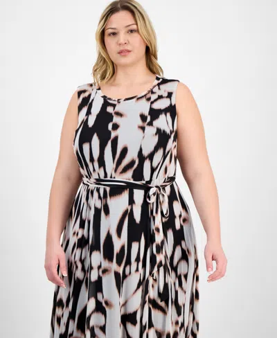Sandra Darren Plus Size Belted Printed Sleeveless Midi Dress