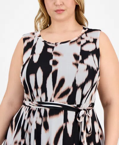 Sandra Darren Plus Size Belted Printed Sleeveless Midi Dress