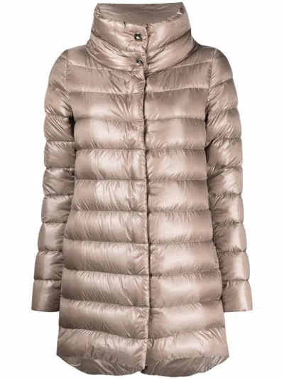 Herno Light Brown Amelia Midi Down Jacket In Metallic