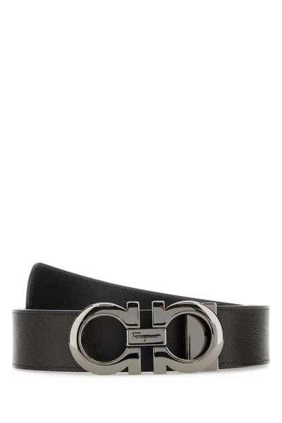 Ferragamo Adjustable Reversible Leather Belt With Textured Finish In Black