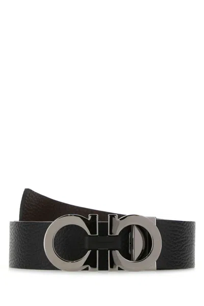 Ferragamo Textured Calf Leather Belt With Interlocking Metallic Buckle In Black