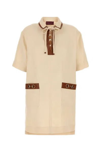 Gucci Linen Mini Dress Bow Detail In Neutral