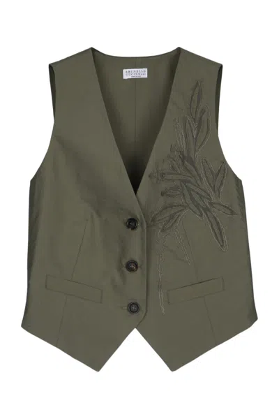 Brunello Cucinelli Tailored Waistcoat Embroidered V-neck In Green