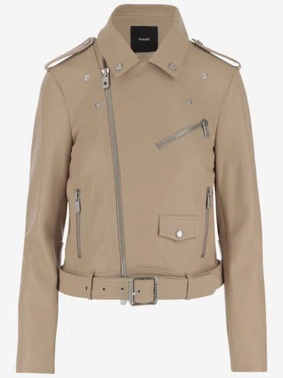 Pinko Leather Biker Jacket In Neutral