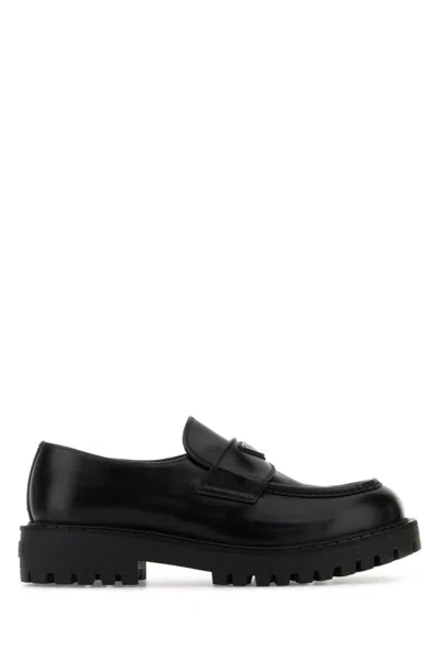 Prada Polished Black Leather Loafers With Chunky Rubber Sole In Black