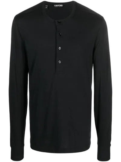 Tom Ford Long-sleeved Henley Top With Buttoned Placket And Fitted Silhouette In Black