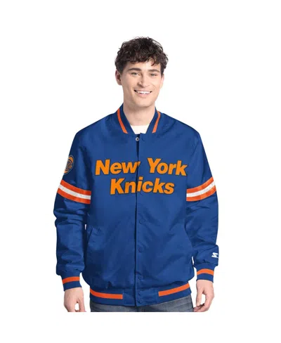 Starter Men's Blue/orange New York Knicks Scout Full Snap Varsity Jacket In Blue