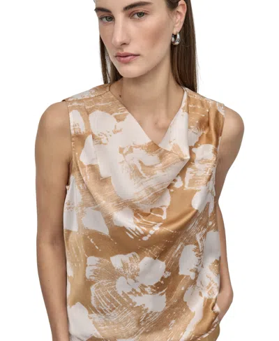 Dkny Petite Printed Sleeveless Cowlneck Top In Brown