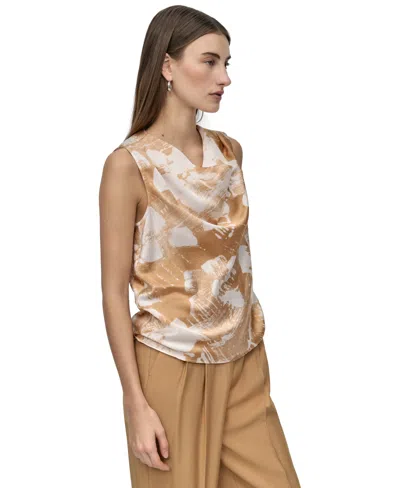Dkny Petite Printed Sleeveless Cowlneck Top In Brown