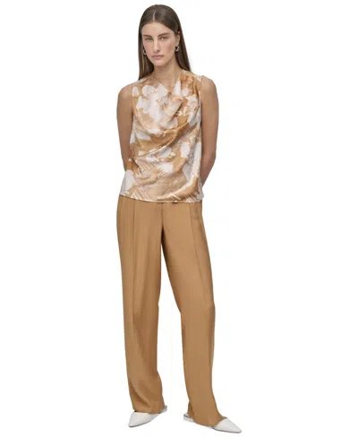 Dkny Petite Printed Sleeveless Cowlneck Top In Brown