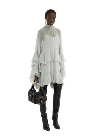 Chloé Mini Ruffled Dress In Silk Mousseline In Gray