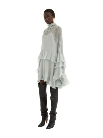 Chloé Mini Ruffled Dress In Silk Mousseline In Gray